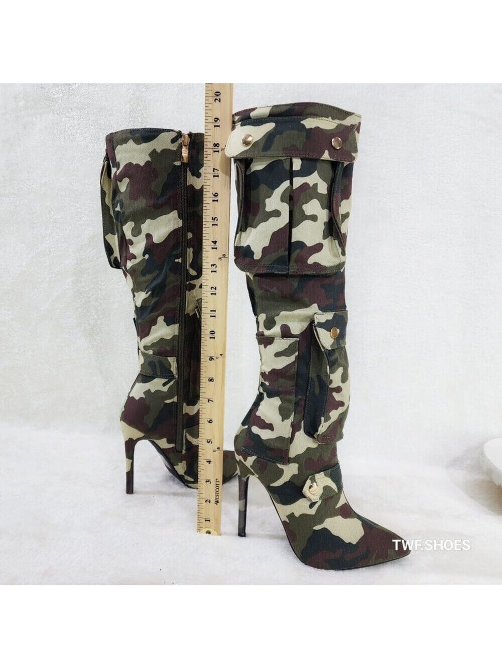 Army Girlz Canvas Camouflage Camo Cargo Knee High Stiletto Heel Boots - Picture 9 of 12